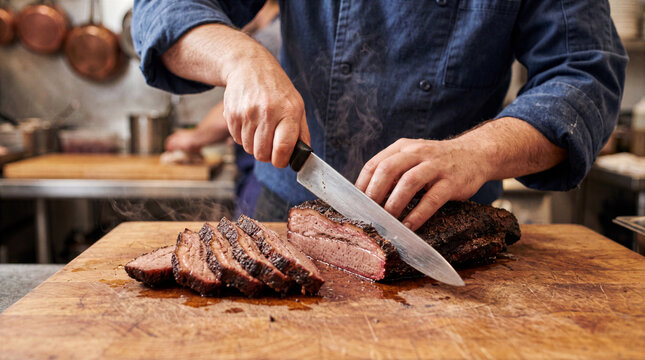 Chef Slicing Smoked Brisket Editorial Meat Photography