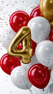 Golden number four balloon surrounded by red and white balloons with colorful confetti celebrating a festive party or milestone event