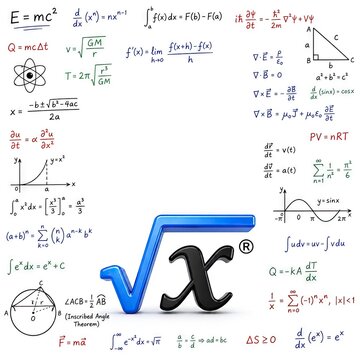 Collage of math and physics formulas around square root
