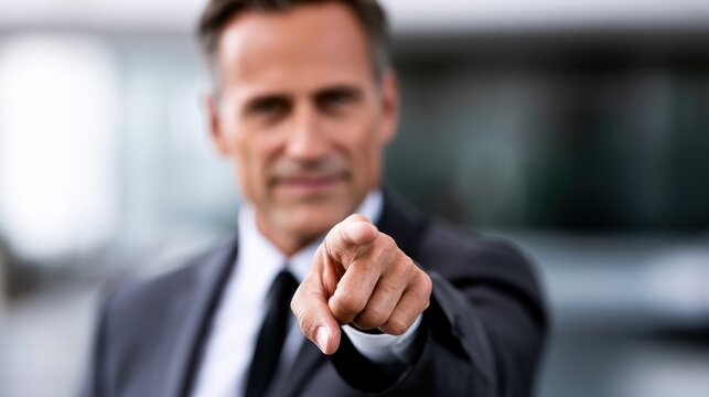 Businessman in suit confidently pointing finger toward camera with blurred modern office background conveying direct communication and engagement