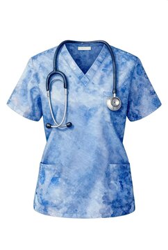 Blue tie-dye scrub top with stethoscope
