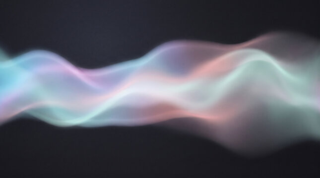 Ethereal iridescent light wave on dark background, flowing pastel smoke trail, abstract glowing energy stream for modern digital design