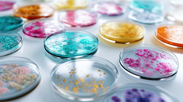 Diverse colorful microbial cultures growing in multiple transparent petri dishes arranged on a white surface in a laboratory setting for scientific research