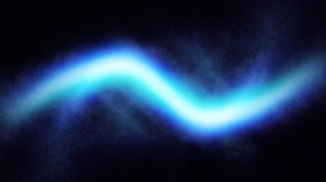 Luminous blue light wave on black background, glowing neon energy trail, abstract electric motion blur with cosmic nebula texture