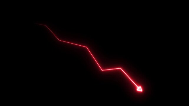Global business line animation. Abstract glowing neon line business graph growth arrow to down arrow on black background .4k video
