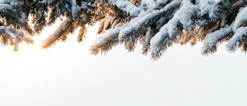 Snow covered pine branches during sunset in a winter landscape