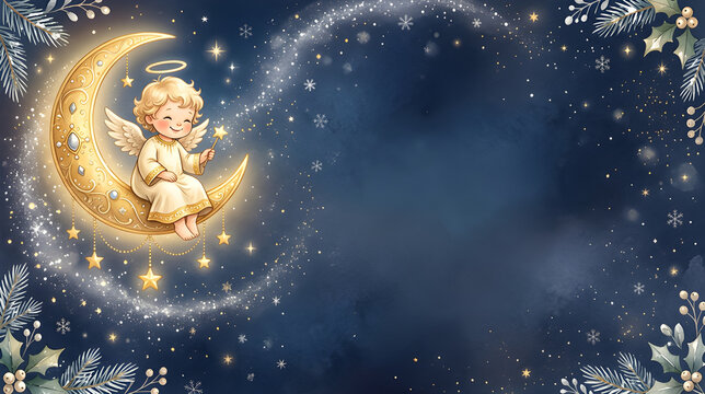 Adorable Christmas angel sitting on a golden crescent moon in one corner, surrounded by subtle snowflakes and sparkles, elegant empty space for greetings.