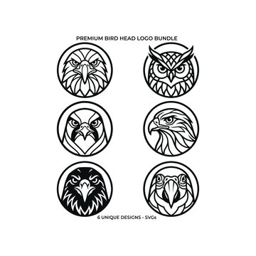 A premium bundle of 6 unique circular bird head vector logos featuring an eagle, owl, falcon, hawk, raven, and parrot