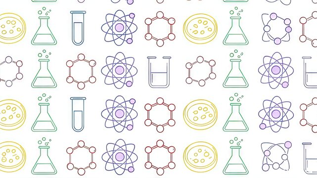 Science seamless pattern with atoms beakers
