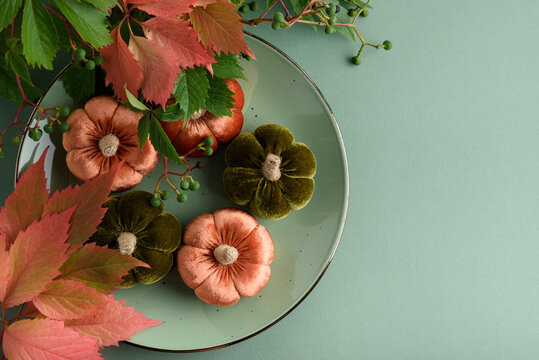 Decorative velvet pumpkins in autumn colors arranged on a plate with foliage