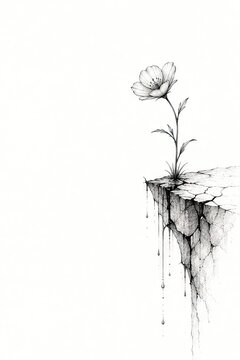 Single flower growing on edge of crumbling cliff ink drawing