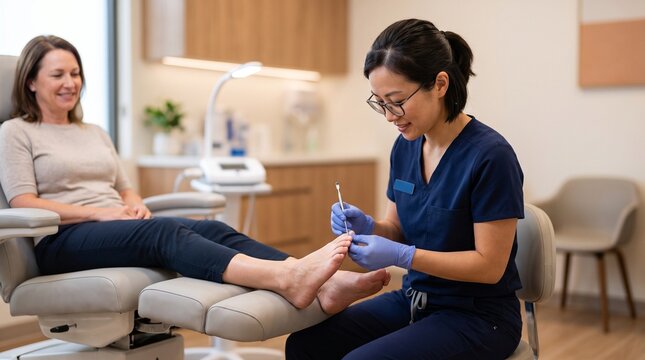 Podiatrist performing foot examination on a smiling patient in a modern clinic, emphasizing professional care and patient comfort.