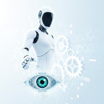 Futuristic robot with glowing mechanical eye interface