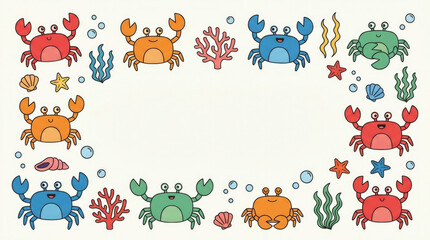 Obraz premium Commercial children's crab clipart collection featuring playful colorful crabs with rounded shells and recognizable claws, coral branches, seaweed, bu