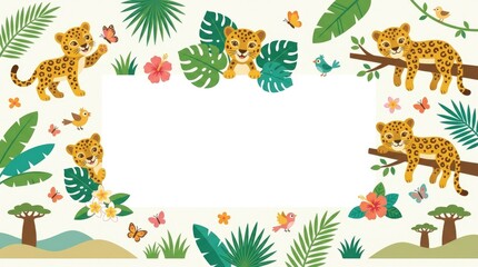 Fototapeta premium Commercial children's leopard clipart collection featuring playful leopard cubs with tropical leaves, branches, flowers, butterflies, grass and simple