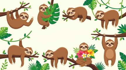 Fototapeta premium Cute cartoon sloth collection with happy facial expressions, hanging from tree branches, waving, hugging a leaf, sleeping, stretching, holding tropica