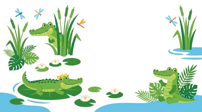 Commercial children's crocodile clipart collection featuring playful crocodiles with lily pads, reeds, water lilies, dragonflies, tropical leaves