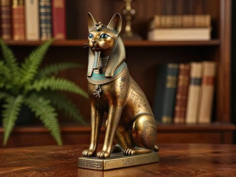 Egyptian cat statue with collar and ankh symbol