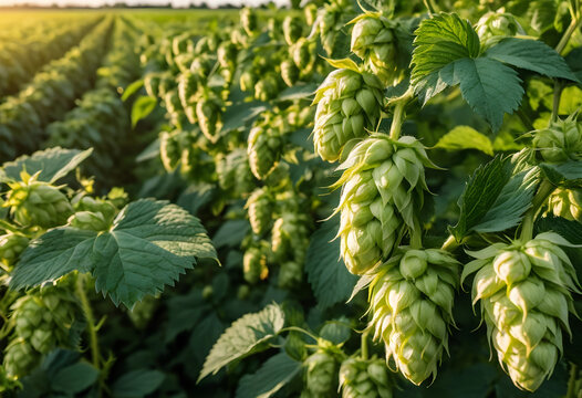 Fresh green hop cones growing on vines in a sunlit field, agriculture and brewing ingredient concept, the plants are cultivated for their use in beer production and other beverages