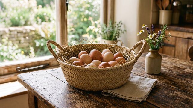 Freshly Laid Eggs in a Rustic Basket