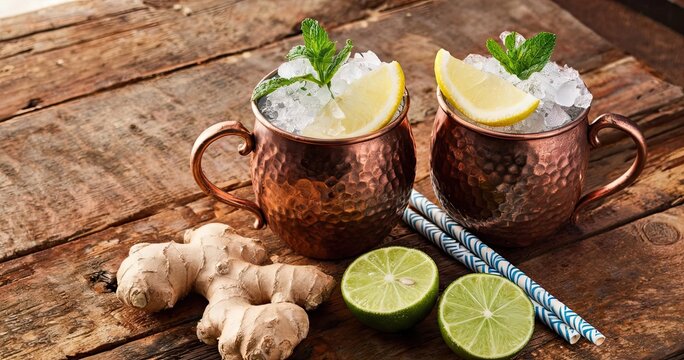 Copper mugs with Moscow mule cocktails
