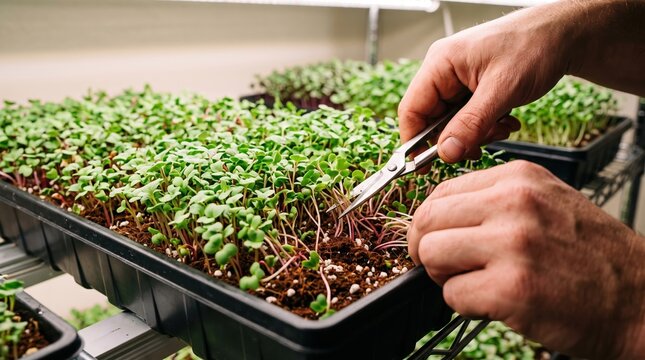 Hands Harvesting Microgreens Indoor Farm