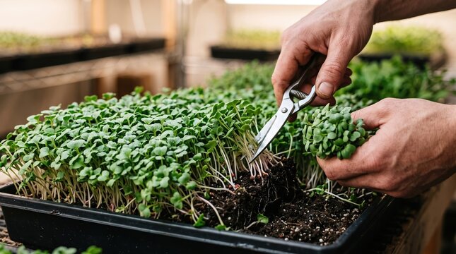 Harvesting Fresh Organic Microgreens in Tray