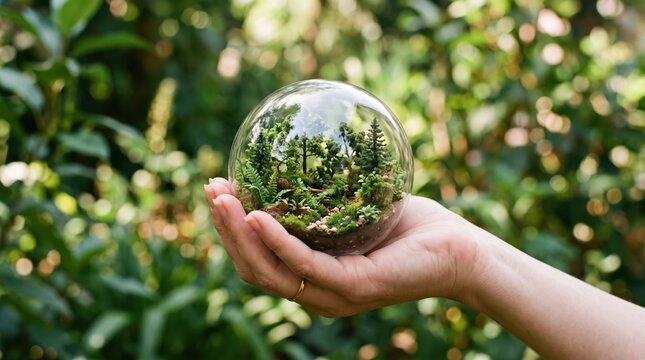 Hand holding miniature forest inside glass globe
