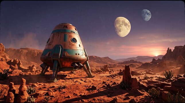Spacecraft on a desolate alien planet landscape