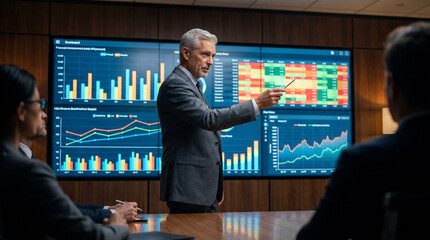 Fototapeta premium An experienced male business analyst in a neat grey suit presents vibrant financial charts on a large glowing digital screen in a dark boardroom. He points with a pen.