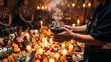 Obraz premium Indigenous woman holding burning incense bowl during spiritual ceremony with flowers and candles