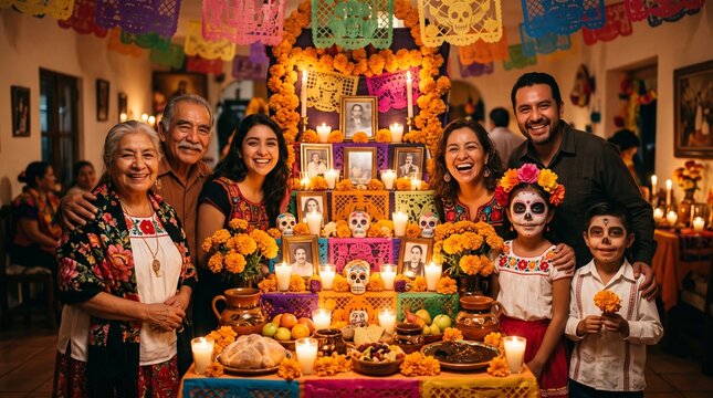Joyful multi-generational Mexican family celebrates Day of the Dead with an ofrenda altar