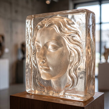 glass relief sculpture featuring a woman's face on display