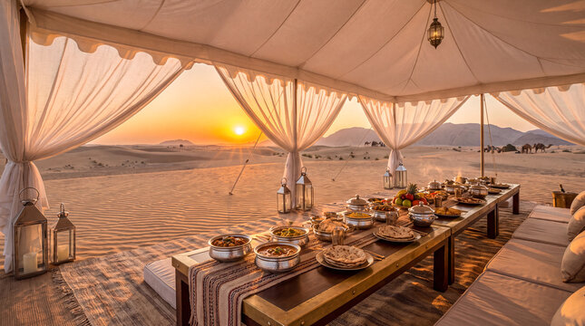 Luxury dining tent in desert at sunset. Elegant outdoor banquet setup in Middle Eastern style.