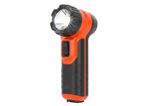 Modern orange and black handheld flashlight isolated on transparent background