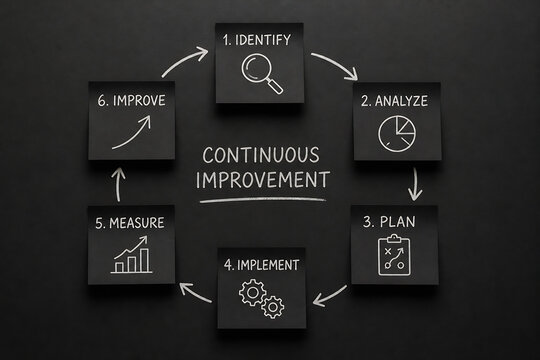 A diagram illustrating the Plan-Do-Check-Act cycle of continuous improvement with six numbered steps.