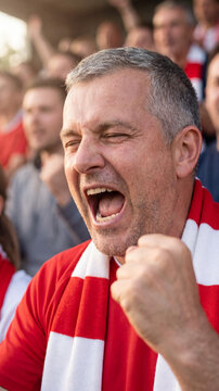 A passionate middle-aged Caucasian male soccer fan screaming with excitement, eyes closed and fist raised, wearing a red t-shirt and striped scarf in a crowded stadium.