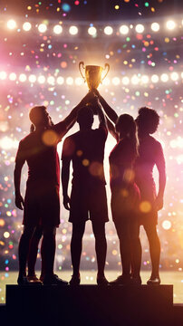 Silhouette of diverse male and female athletes on a podium raising a gold trophy together under stadium spotlights with colorful confetti falling during a victory celebration.