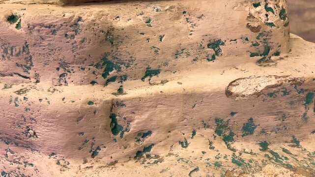 Sand excavation surface with fossil traces and small embedded remains, interactive archaeology exhibit for children and science discovery.