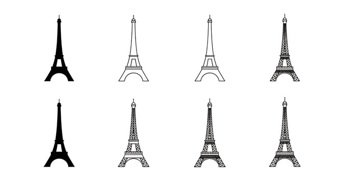 A collection of eight detailed line of the eiffel tower, showing the iconic landmark in various stages of structural complexity and detail isolated on a transparent background