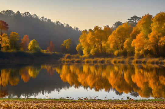 Autumn leaves within morning haze
