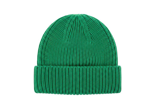 Green knitted winter beanie cap isolated on transparent background