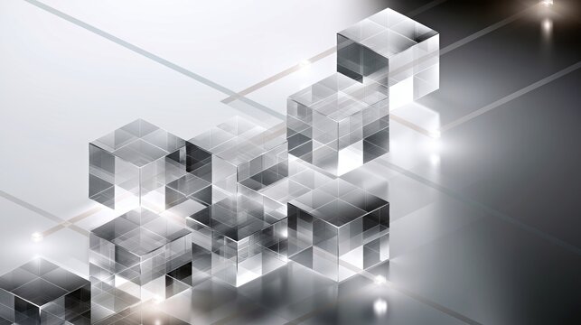 Transparent glass cubes on pale reflective surface, minimalist geometric depth for technology branding, architecture and web banners.

