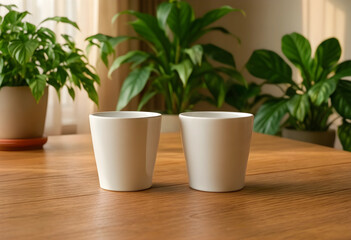 Fototapeta premium Two white ceramic cups on a wooden table with green houseplants in the background, home decor and interior design, the scene suggests a cozy and comfortable living space