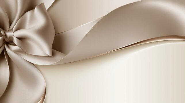 Cream satin gift bow with flowing ribbon on soft ivory background, elegant luxury banner template for packaging, branding, invitations.


