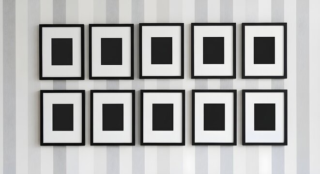 Ten empty black picture frames arranged in two rows on a light striped wall