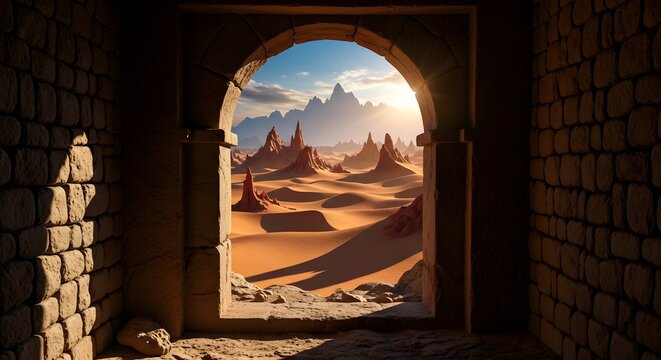 View through a dark stone archway looking out onto a bright fantasy desert landscape