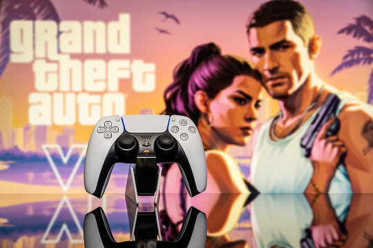 August 3, 2026, Odessa, Ukraine.  PlayStation 5 controller with GTA background
