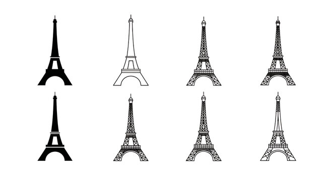 Collection of eight white outline of the eiffel tower in paris, showing different architectural details and structural styles isolated on a transparent background