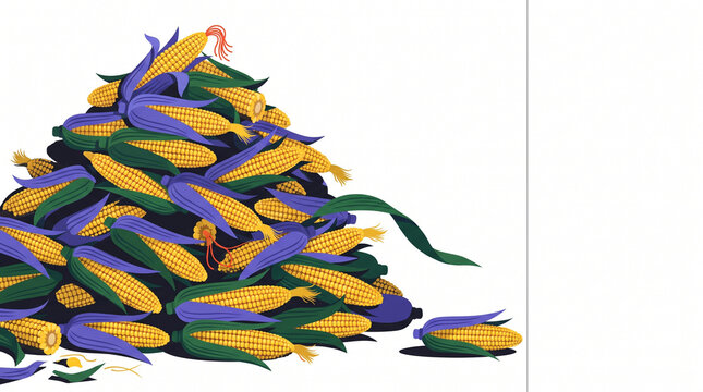 Pile of harvested corn with husks in vibrant colors  